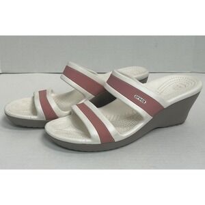 CROCS Slip On Wedge Sandals Rose Pink‎ and White Open Toe Heel Size 10